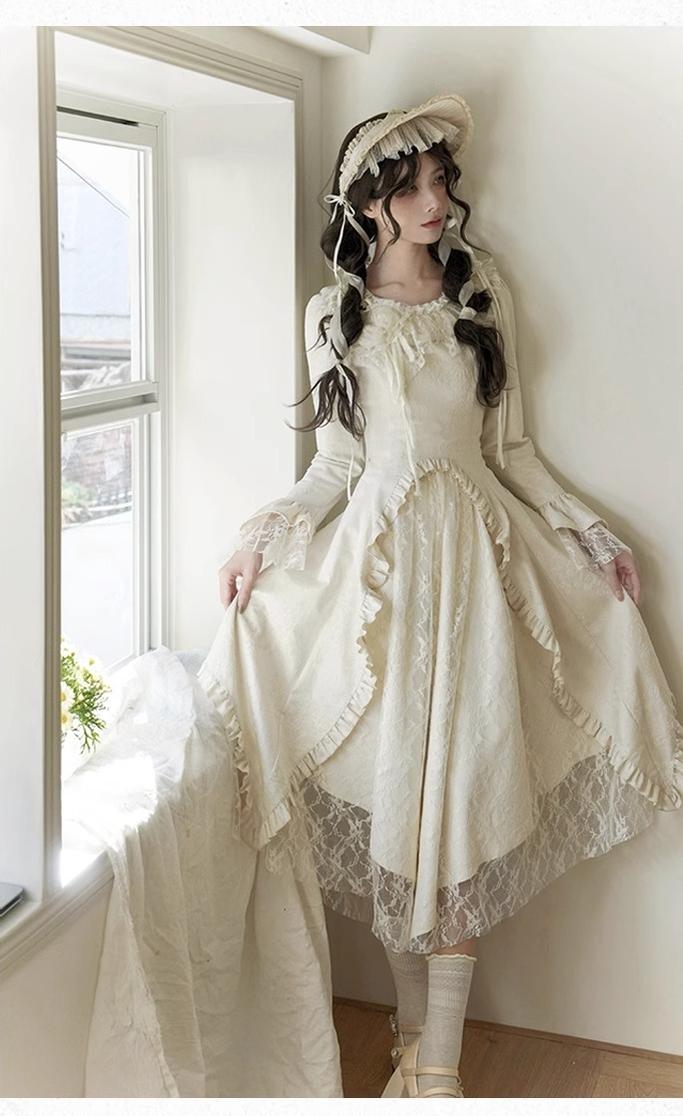 With PUJI~White Tea~Classic Lolita OP Dress with Irregular Design and Fishbone Waistband