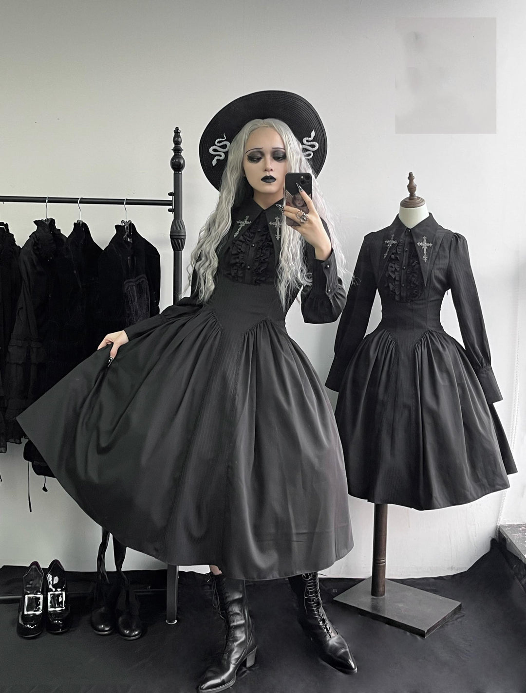 Lilizi~Redemption Song~Gothic Lolita OP Dress Cross Embroidery Tiered Hem XS black long OP 