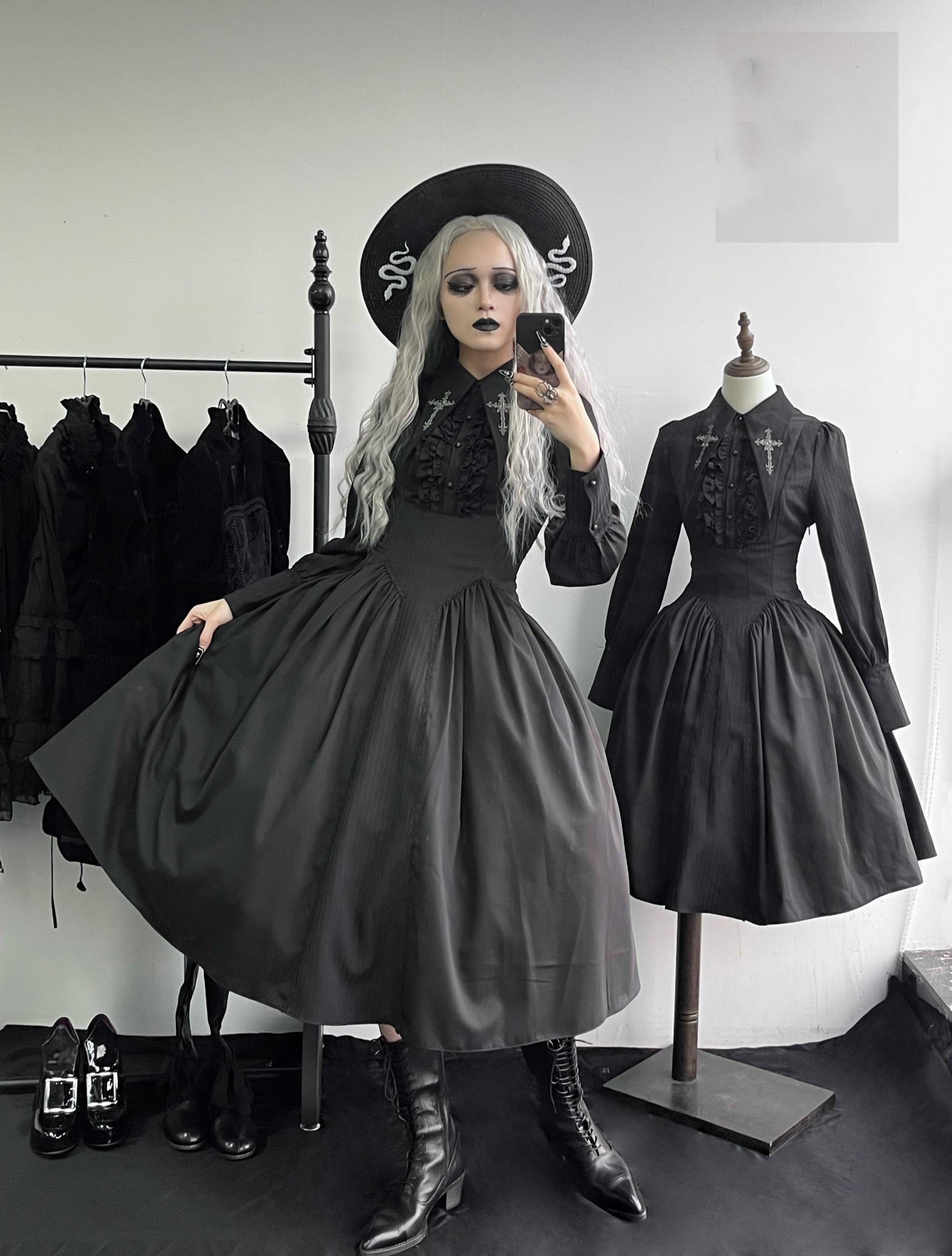 Lilizi - Redemption Song - Gothic Lolita OP Dress Cross Embroidery Tiered Hem XS black long OP only