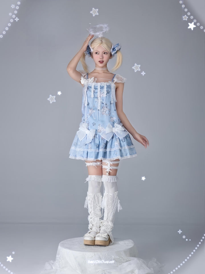 Bacio Bouquet~Hyaline Angel~Daily Lolita Low Waist Dress with Angle Print&Lace Detail