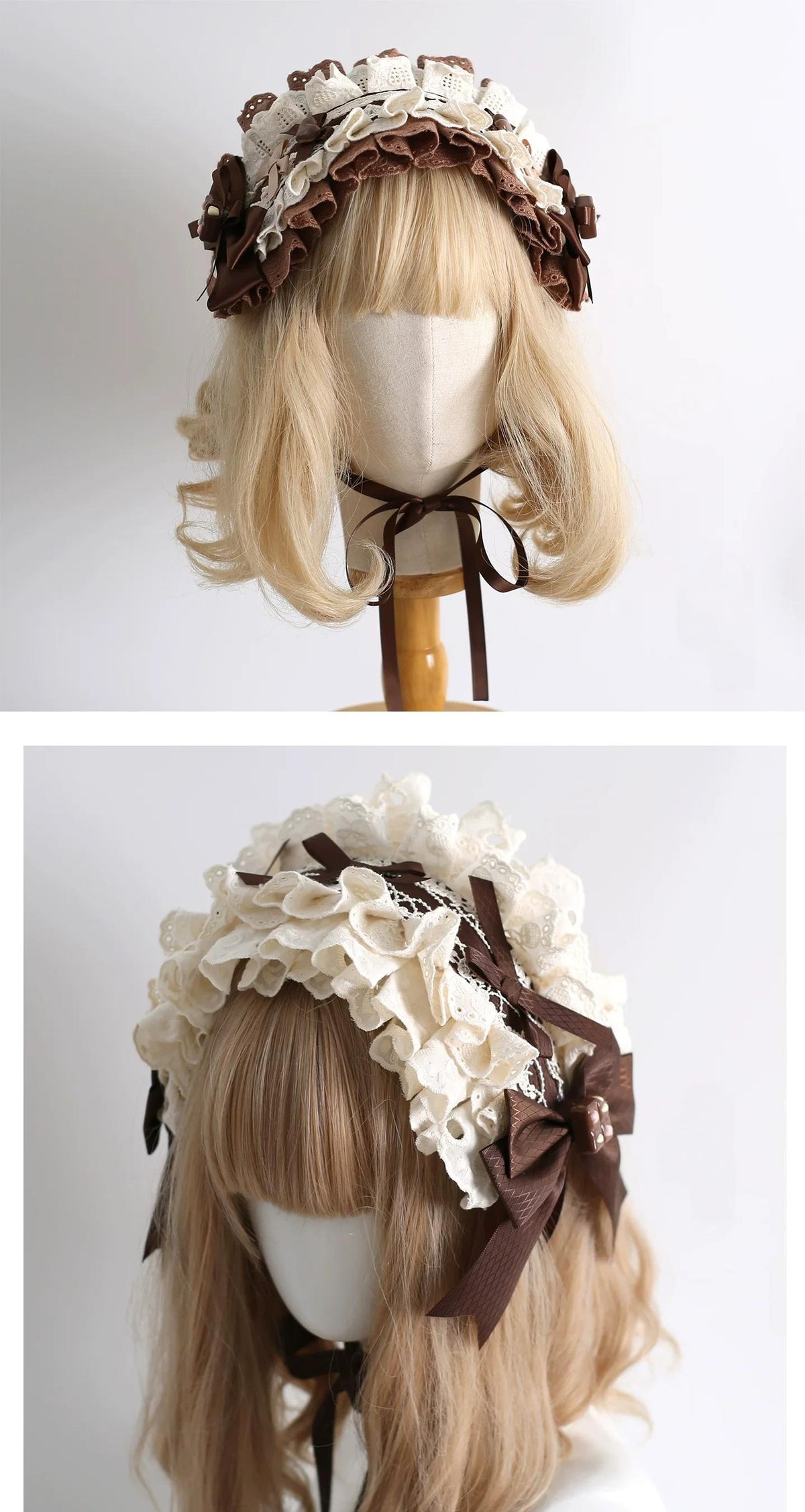 Coffee Brown Kawaii Lolita Hairband Accessory Set, Lace & Bear Ears 46088:874544
