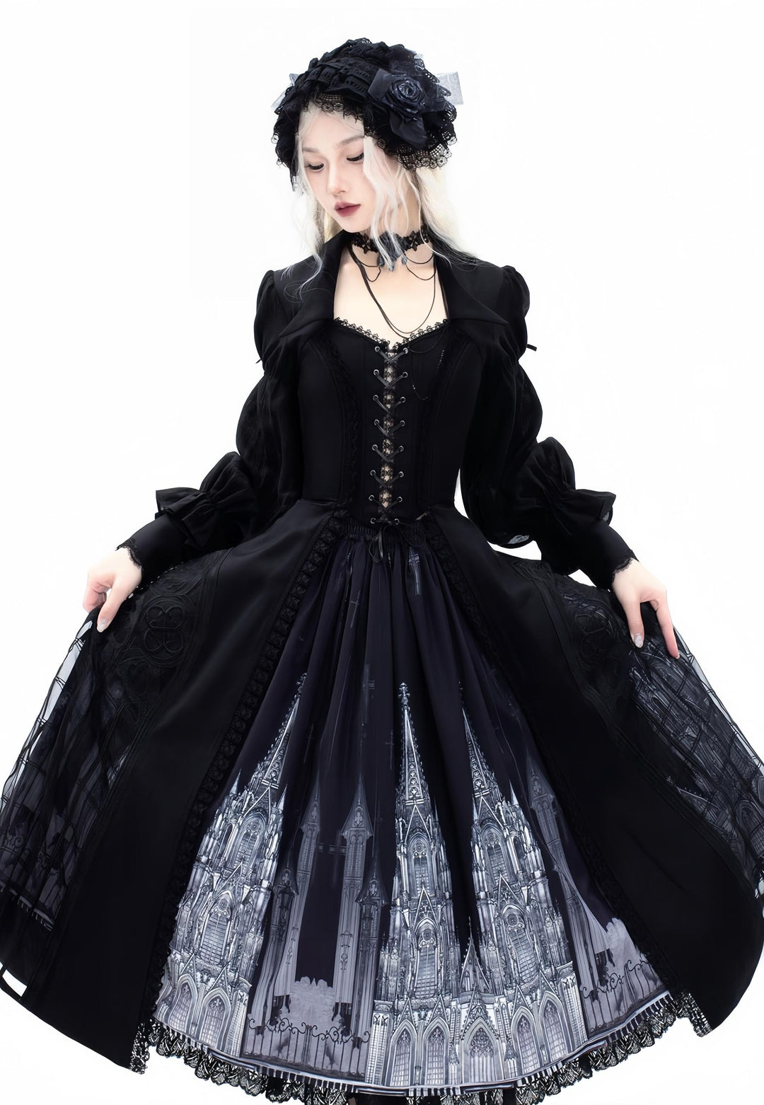 Susin Lolita~Night Traveler~Gothic Lolita Skirt Outfit Long Coat Shirt and Bustier Set