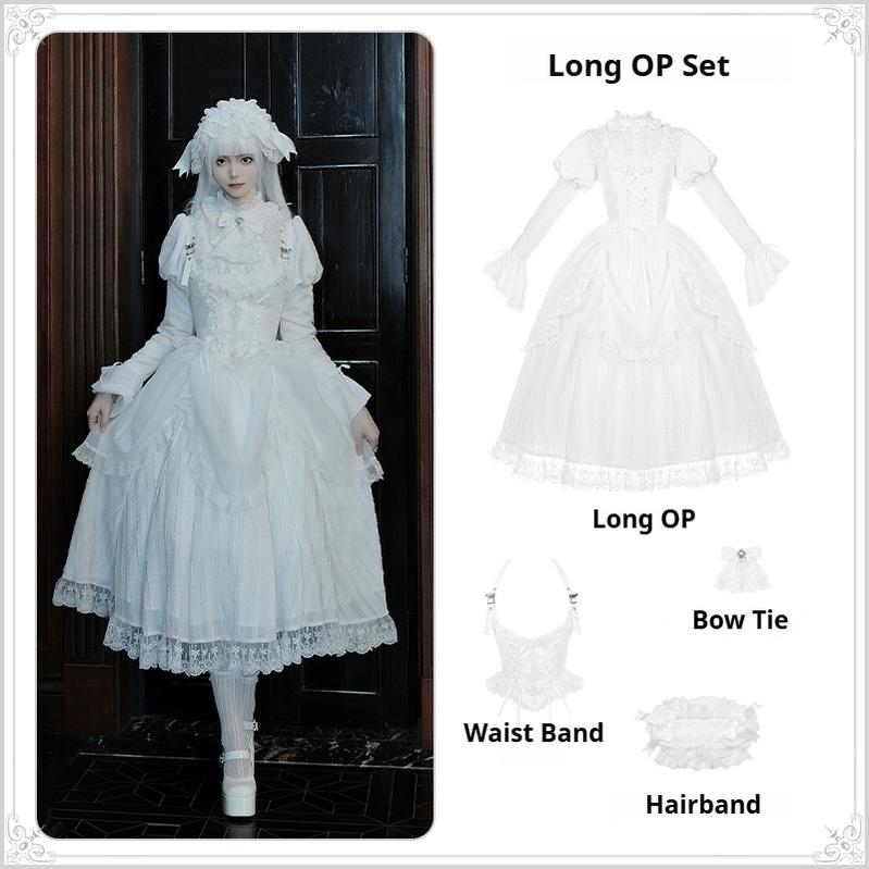 With PUJI - Fallen Heaven - White Gothic Lolita OP Set, Double Layered Skirt Long 4-piece Set (long OP + waist band + bow tie+ hairband) S