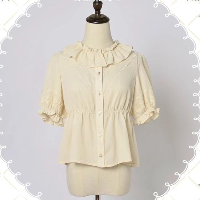 (BFM)Magic Tea Party~Lena's Garland~Daily Lolita Shirt Short Sleeve Beige Chiffon Blouse S beige 