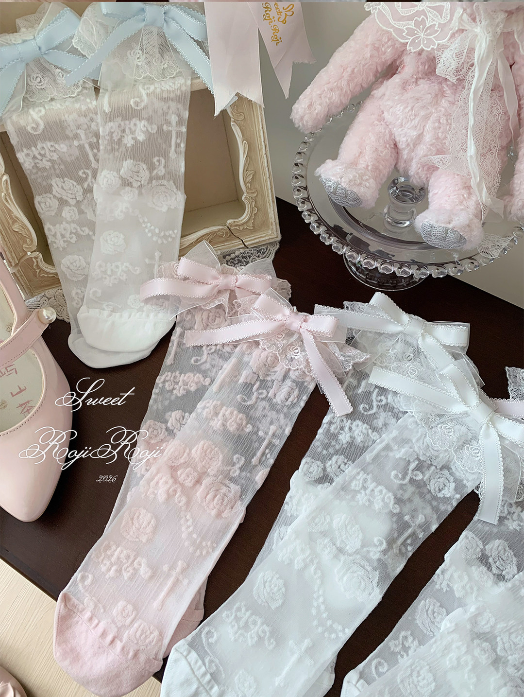Summer Sweet Lolita Rose Jacquard Bow Socks 45682:858159