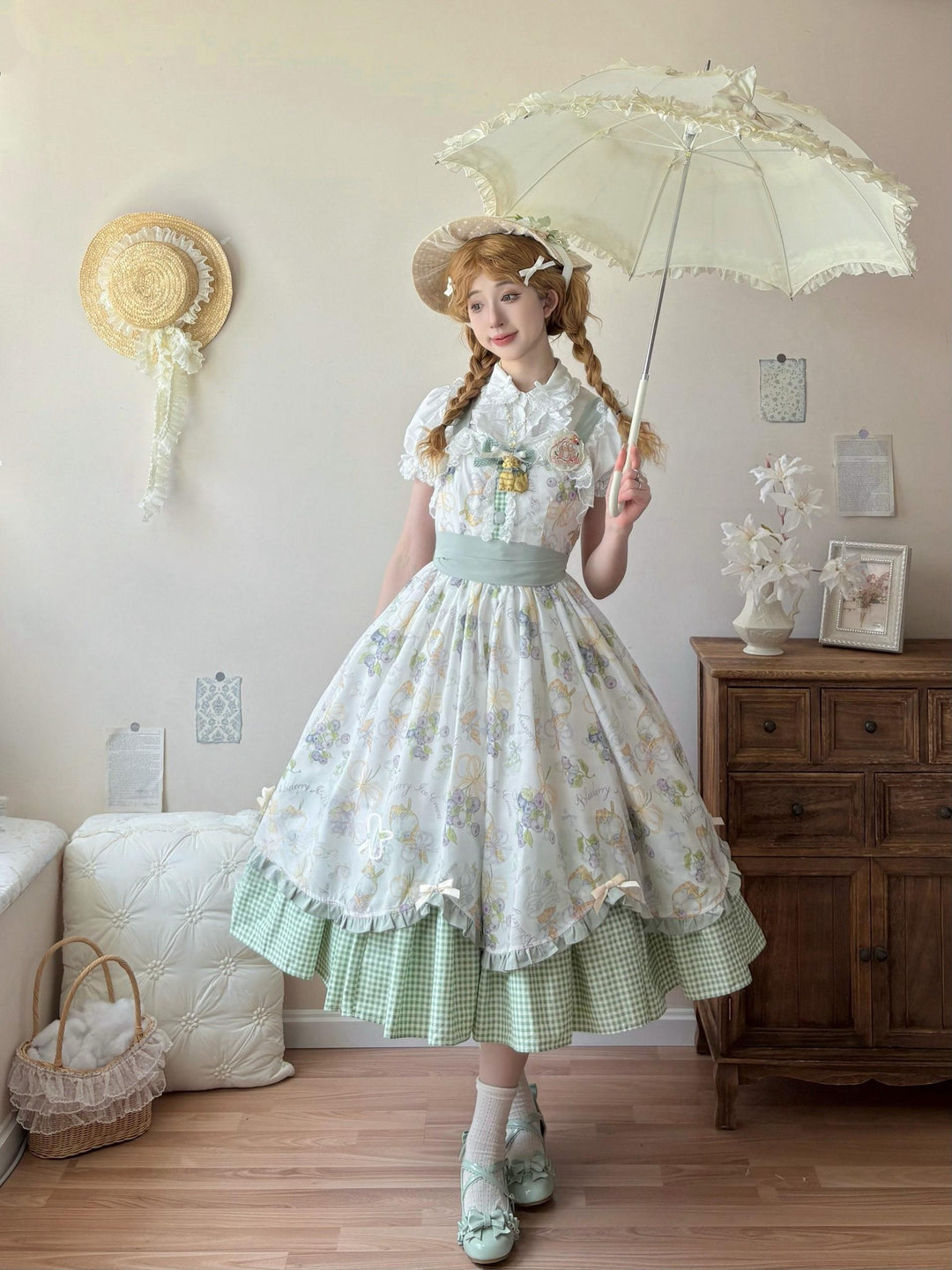 Qianmu~Blueberry Summer~Classic Lolita JSK Dress with Large Hem and Cotton Lining