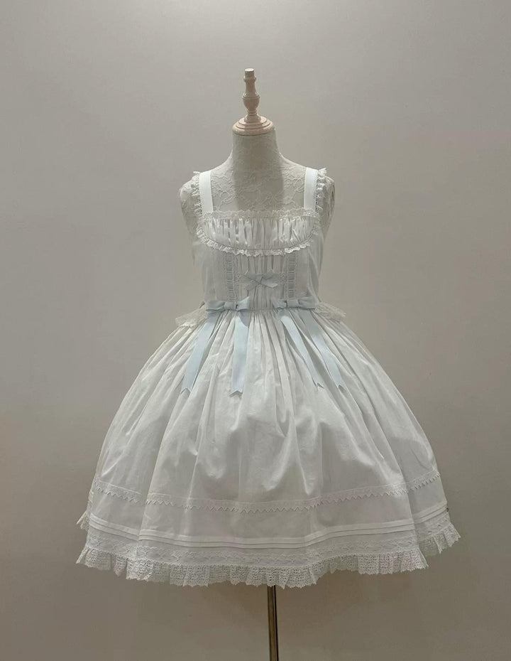 (BFM)Little Bear~Laura's Doll~Vintage Lolita Dress Cotton OP JSK Splicing Sleeves White and bule JSK S 