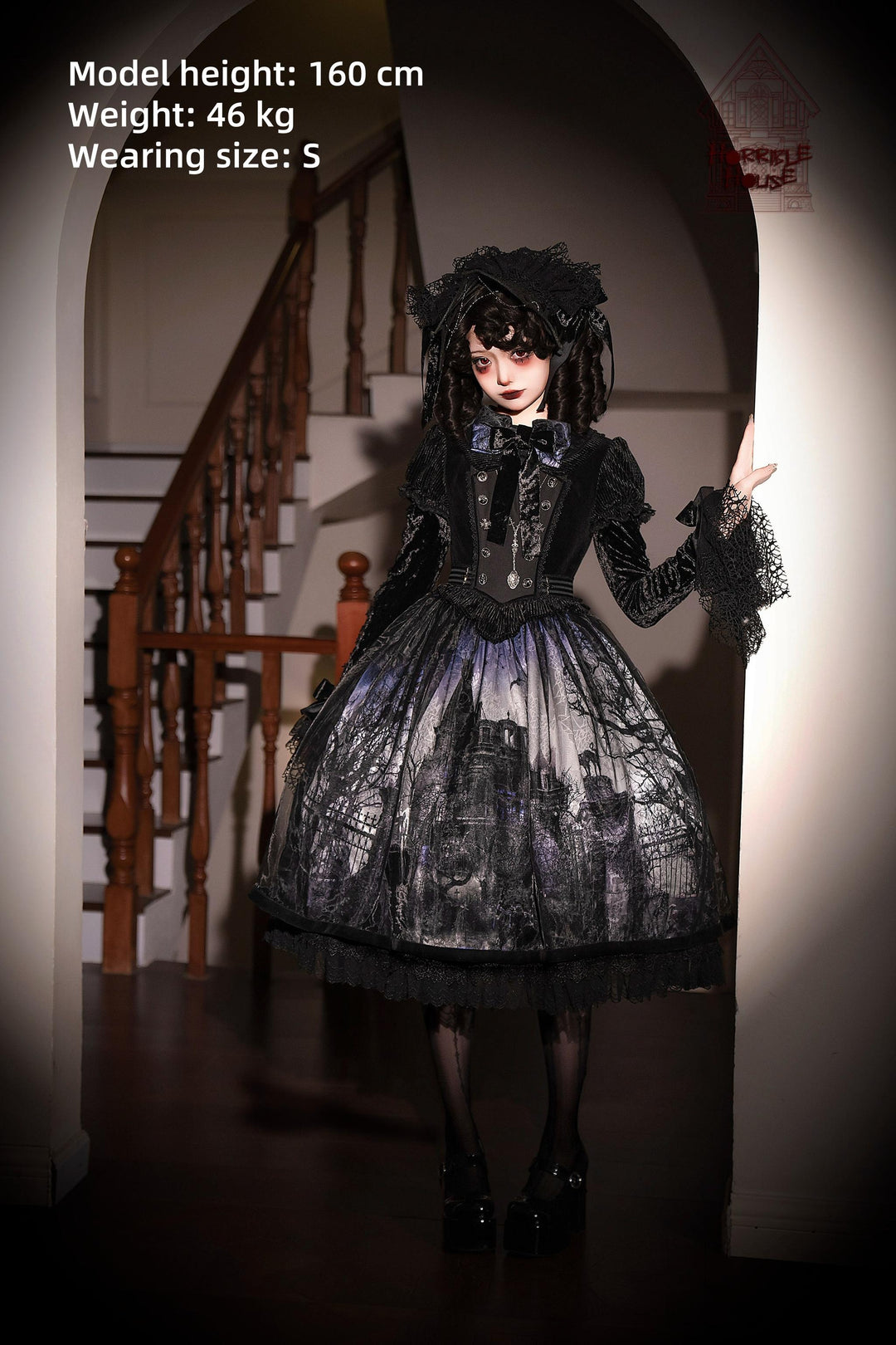 LilithHouse~Horror House~Gothic Lolita OP Set with Cape and Castle Print