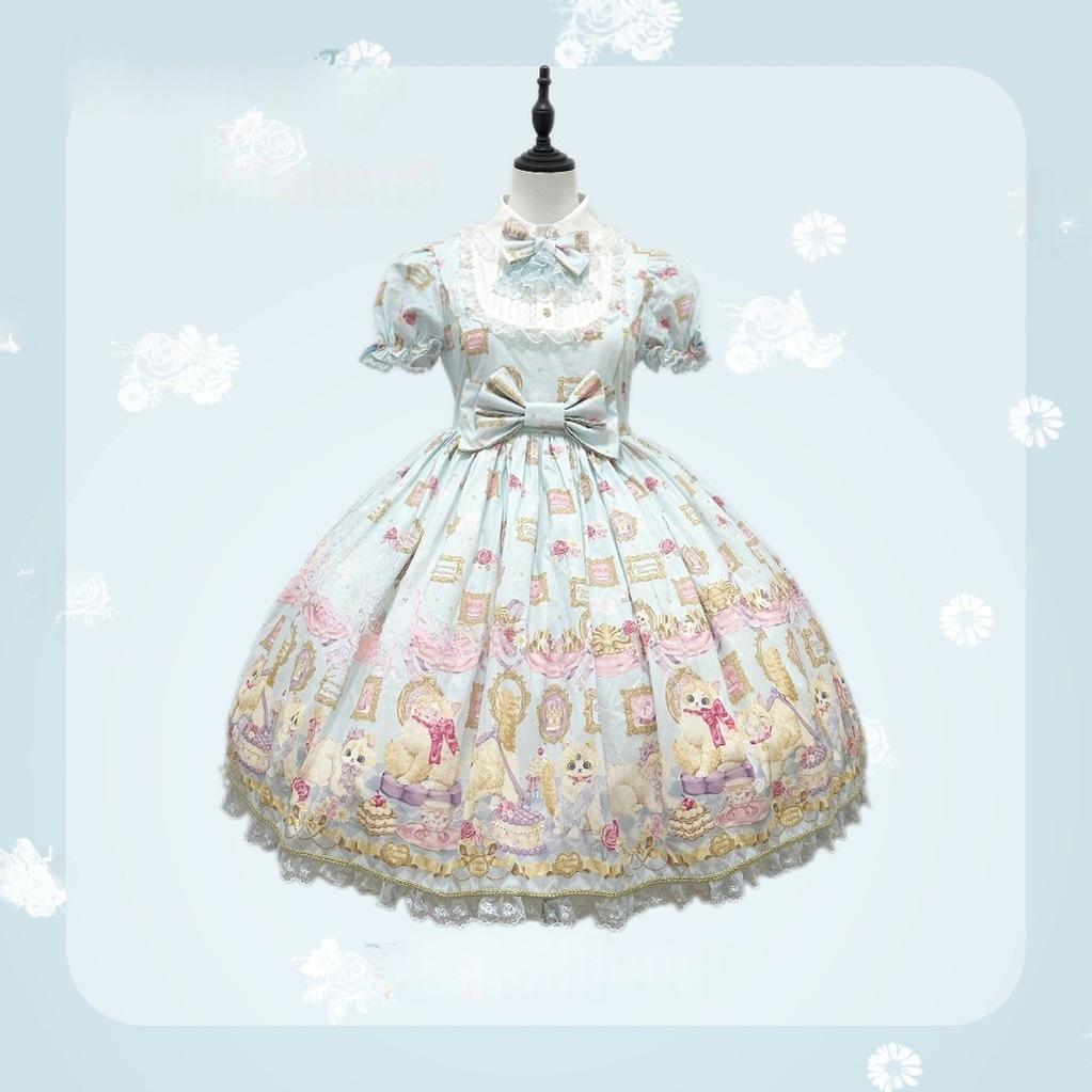 Discovering Treasures - Picture Frame Cat - Kawaii Lolita Dress Suit Cat Print JSK and OP (L M S XL) 42605:746469