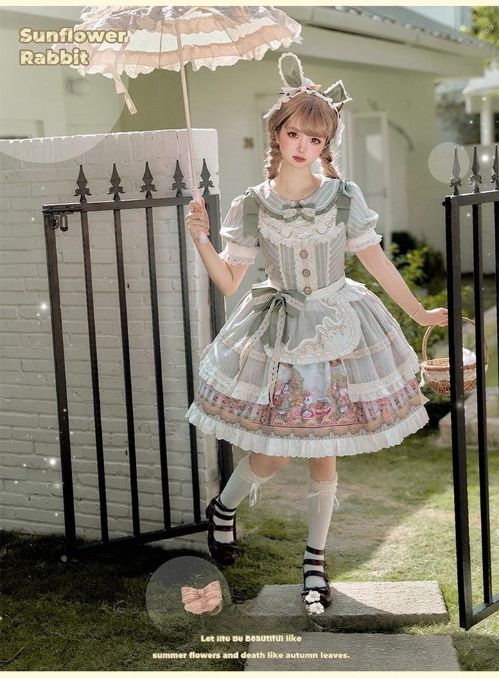 Honey Machine~Sunflower Rabbit~Kawaii Lolita OP Set with Bunny Prints and Hairband