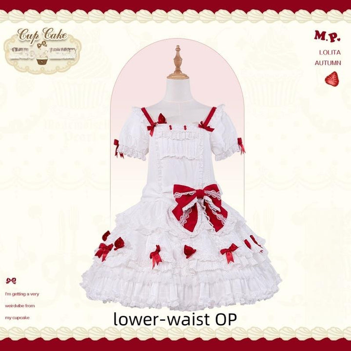 Mademoiselle Pearl - Cup Cake - White, Red Bow, Sweet Lolita Dress Set (F L M S XL XS) 43333:773907