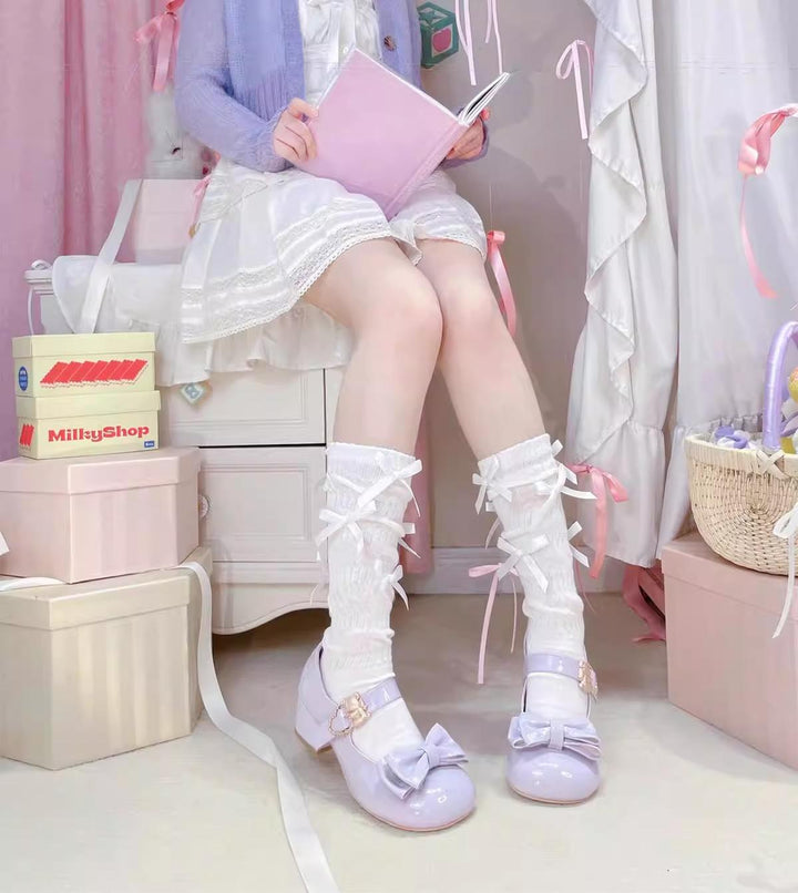 Sheep Puff~Hug Bear~Sweet Lolita Heel Shoes Bear Metal Buckle Bow Shoes 35 Patent Leather Purple - Mid Heel 