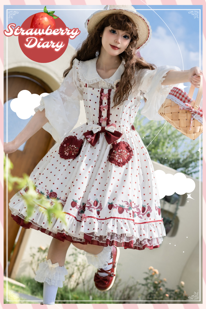 Forest Fluorescent Carps~Strawberry Diary~Sweet Lolita JSK Dress Strawberry Print S Adult JSK 