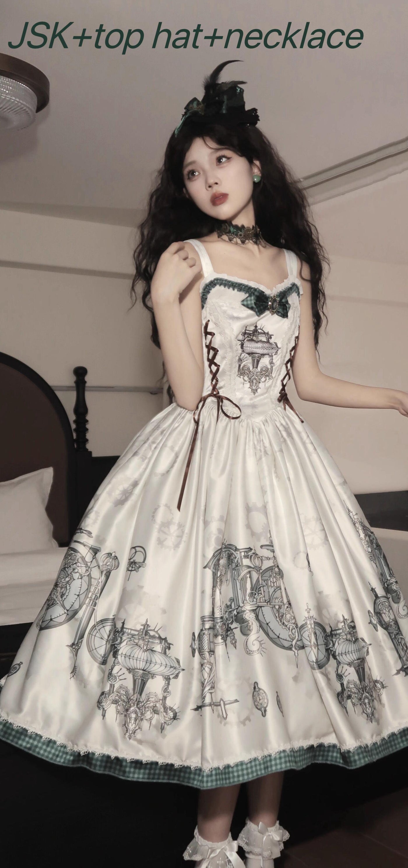 (BFM)Cat-Romance~Steam Belle~Lolita JSK Dress Embroidery Dress Set Free Size JSK+Top Hat+Necklace 