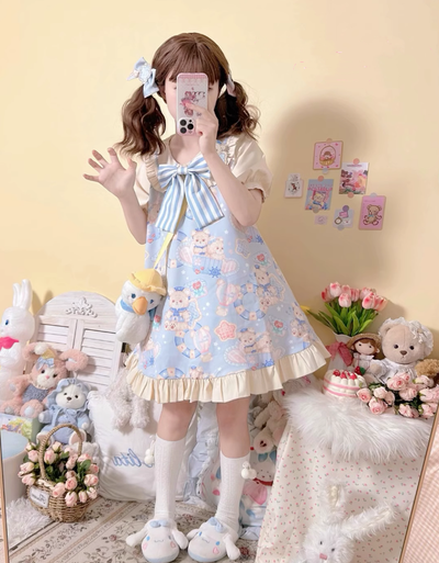 Sissy herding sheep~Navy Bear~Sweet Lolita OP Dress Blue Bear Print Dress and Hair Clips   