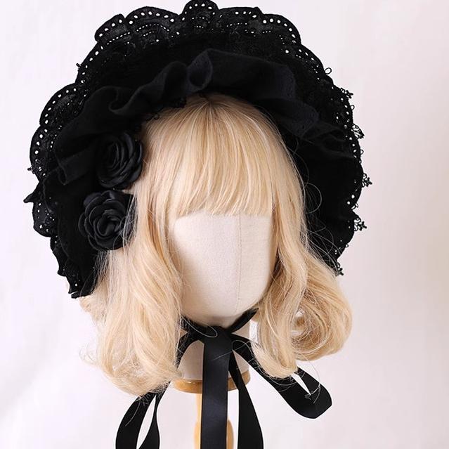 Xiaogui~Classic Lolita Bonnet Lace Elegant Lolita Hat Free size Black + black flowers 