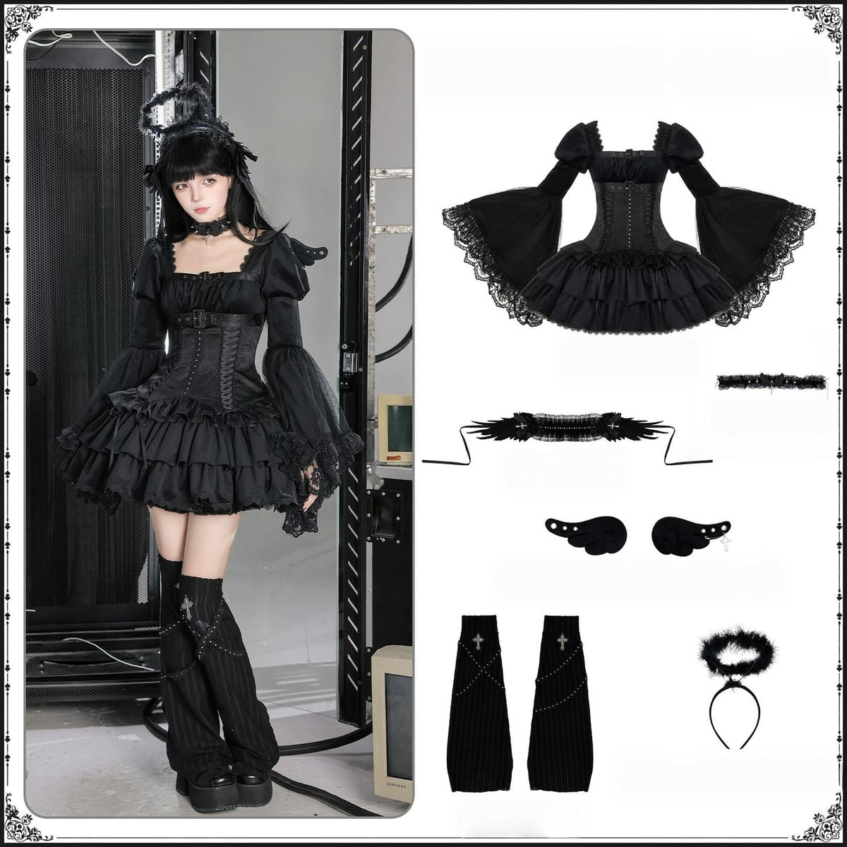 White Night Feather - Gothic Lolita OP Dress & Leg Warmers Set, Angel Cross Theme (L M S) 46055:874038