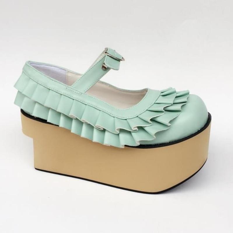 Antaina~Sweet Lolita Platform Shoes Lotus Leaf Edge Multicolor 35 Mint Matte [9cm at the back 7cm at the front] 