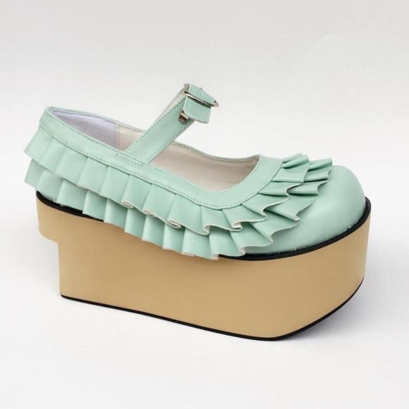 Antaina - Sweet Lolita Platform Shoes Lotus Leaf Edge Multicolor 35 Mint Matte [9cm at the back 7cm at the front]