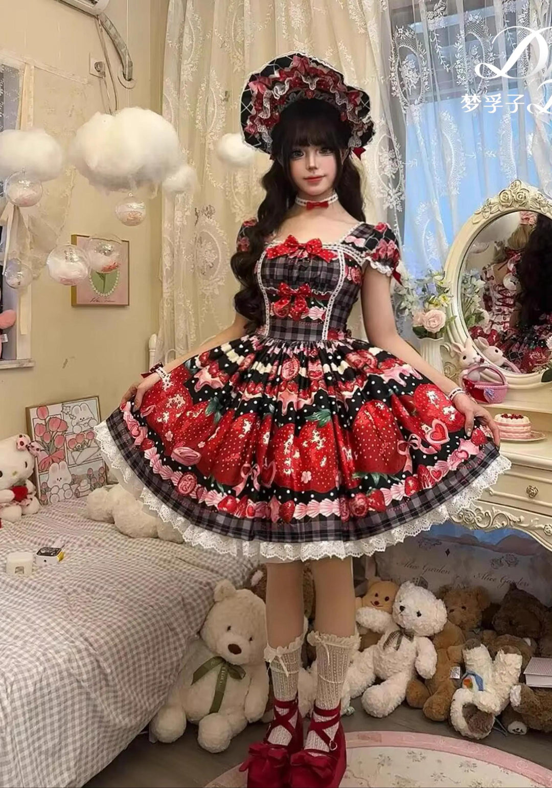 Mengfuzi~Strawberry~Sweet Lolita OP and JSK with Strawberry Print