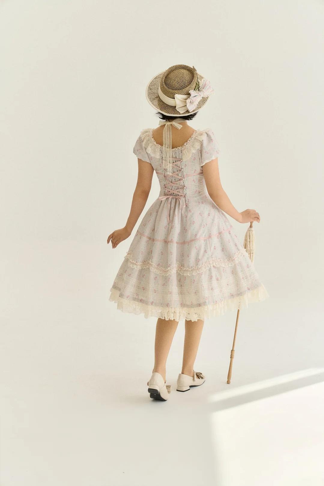 Spring Tale - Old School Lolita Floral Printed Dress, Front Opening 45767:861685