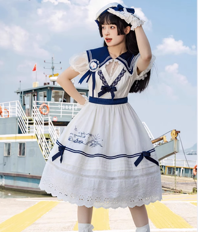 Flower and Pearl Box~Elegant Lolita Navy Blue-white JSK and OP S sailor collar OP 