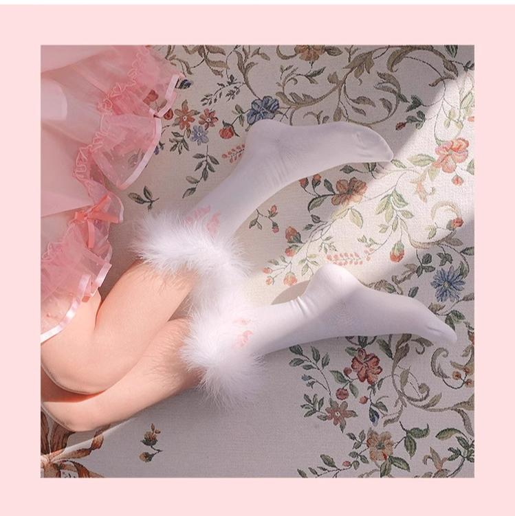 White Tea Dream~Cotton Lolita Calf Socks Knit Pink Bow Turkey Feather Socks   