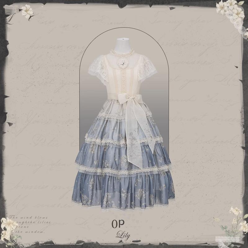 Mademoiselle Pearl~Lily Poetry~Lily Print Lolita Dress Collection XS Flying Sleeve OP (Off-White) 