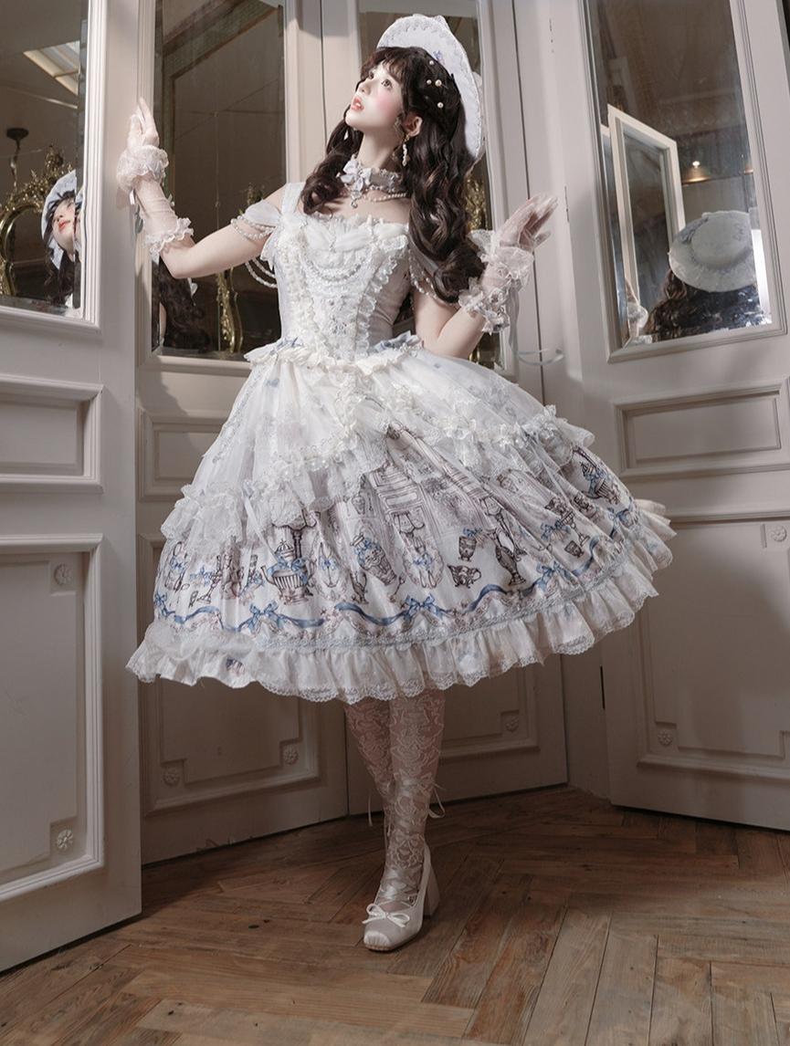 Finnish Antique Cabinet - Sweet Lolita Antique Cabinet Printed OP & JSK Dress with Bows White & Blue S JSK (with a bow trailing)
