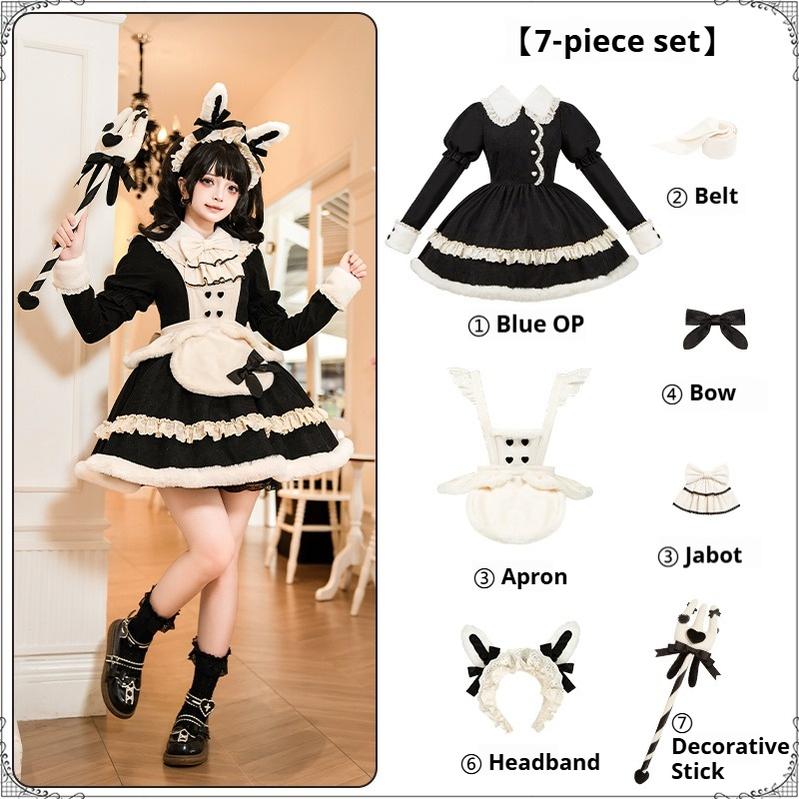 With PUJI~Rabbit&Alice~Sweet Twin Lolita OP Dress Doll Apron Dress Set Black 7-Piece Set (Black OP + Belt + Apron + Bow + Jabot + Headband/Clips + Decorative Stick) S