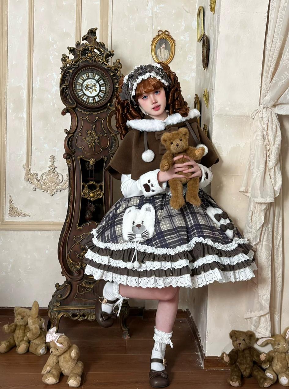 Winter Sweet Lolita Cape & JSK Dress Set, Teddy Bear Patch 45974:870031