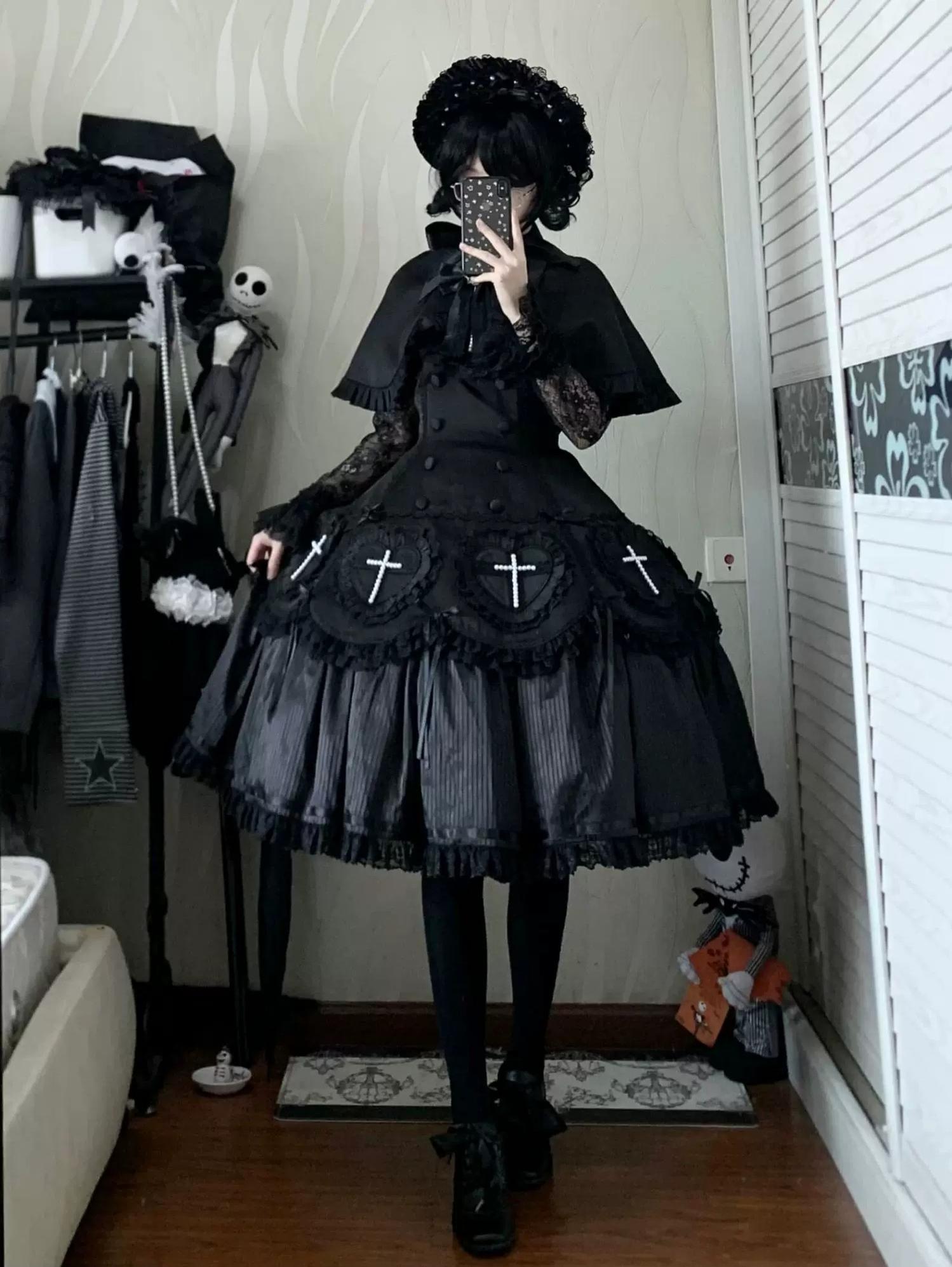 Nocthymn Cross - Gothic Lolita OP Dress with Pearled Cross, Detachable Sleeves 45813:863479