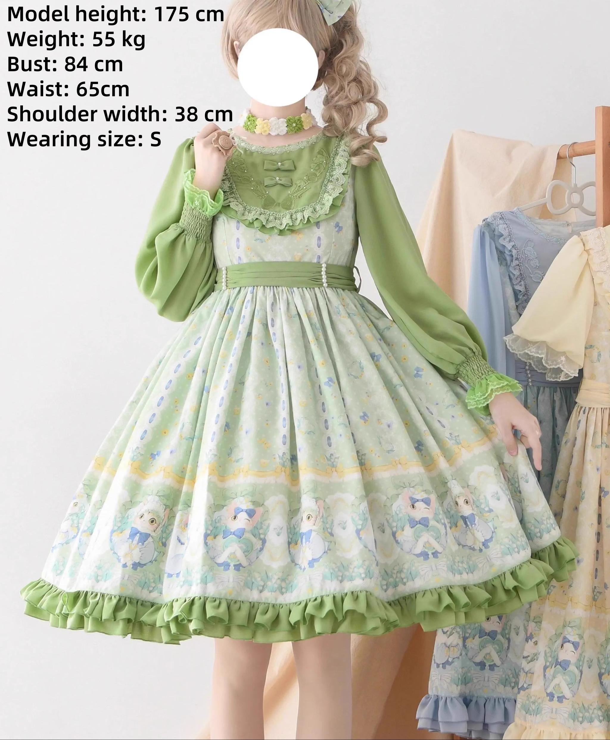 Strawberry Witch - Lily of the Valley Kitten - Country Lolita OP with Embroidery and Cat Print