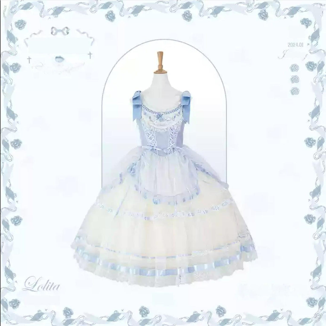 Mademoiselle Pearl~Silk Ballet~Wedding Lolita JSK Dress Princess Ballet Dress XS Long JSK (Blue) 