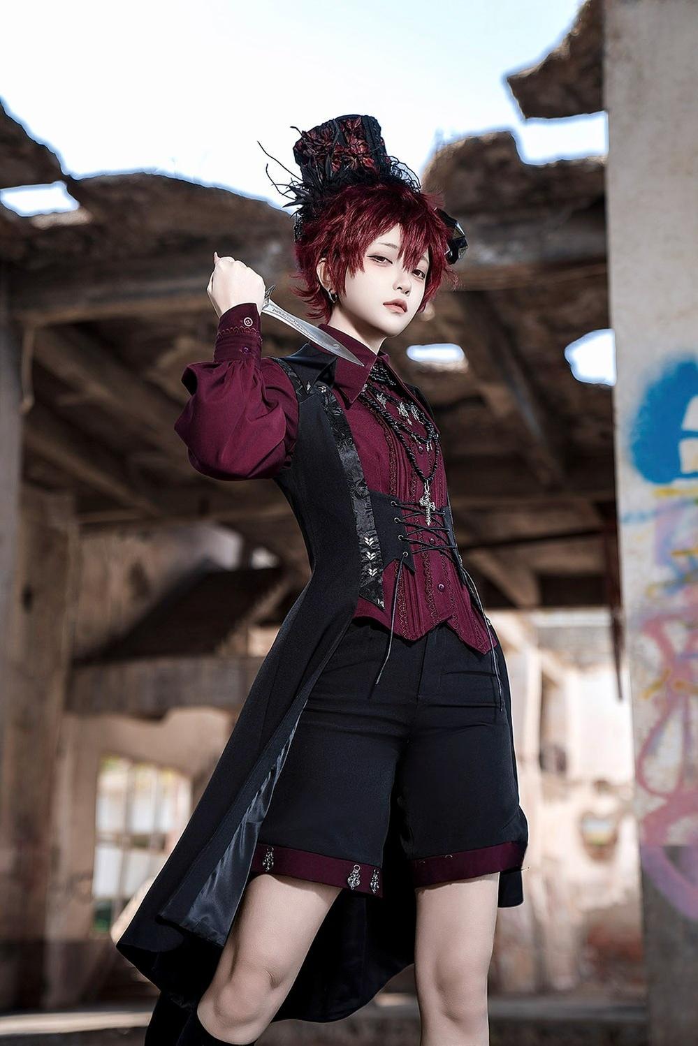 Princess Chronicles - Red and Black 4.0 - Ouji Lolita Shorts Outfit Long Vest Prince Blouse