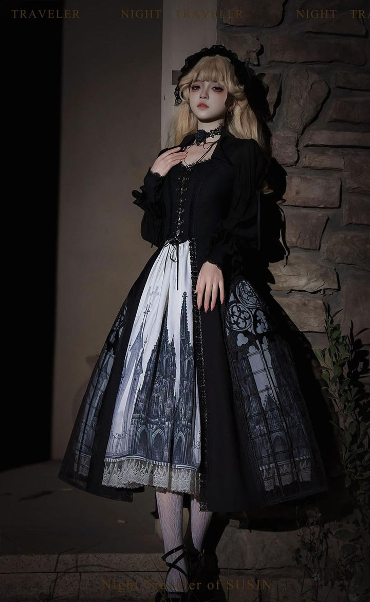 Susin Lolita~Night Traveler~Gothic Lolita Skirt Outfit Long Coat Shirt and Bustier Set