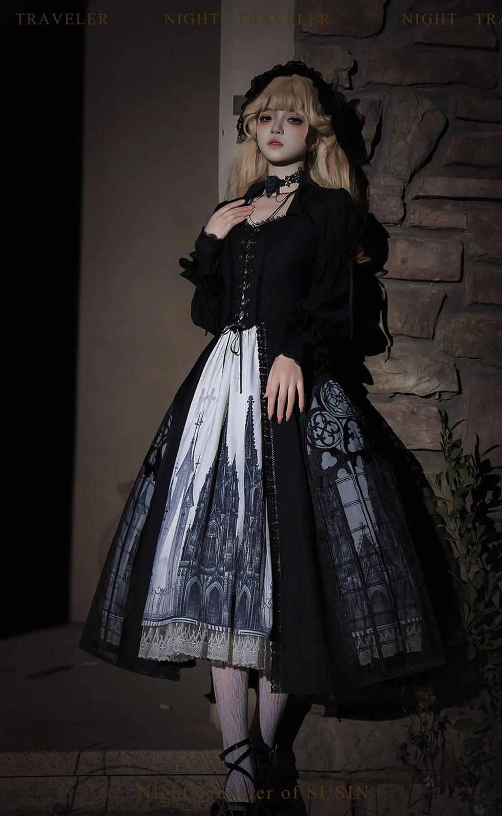 Susin Lolita~Night Traveler~Gothic Lolita Skirt Long Coat Long-Sleeved Shirt and Bustier