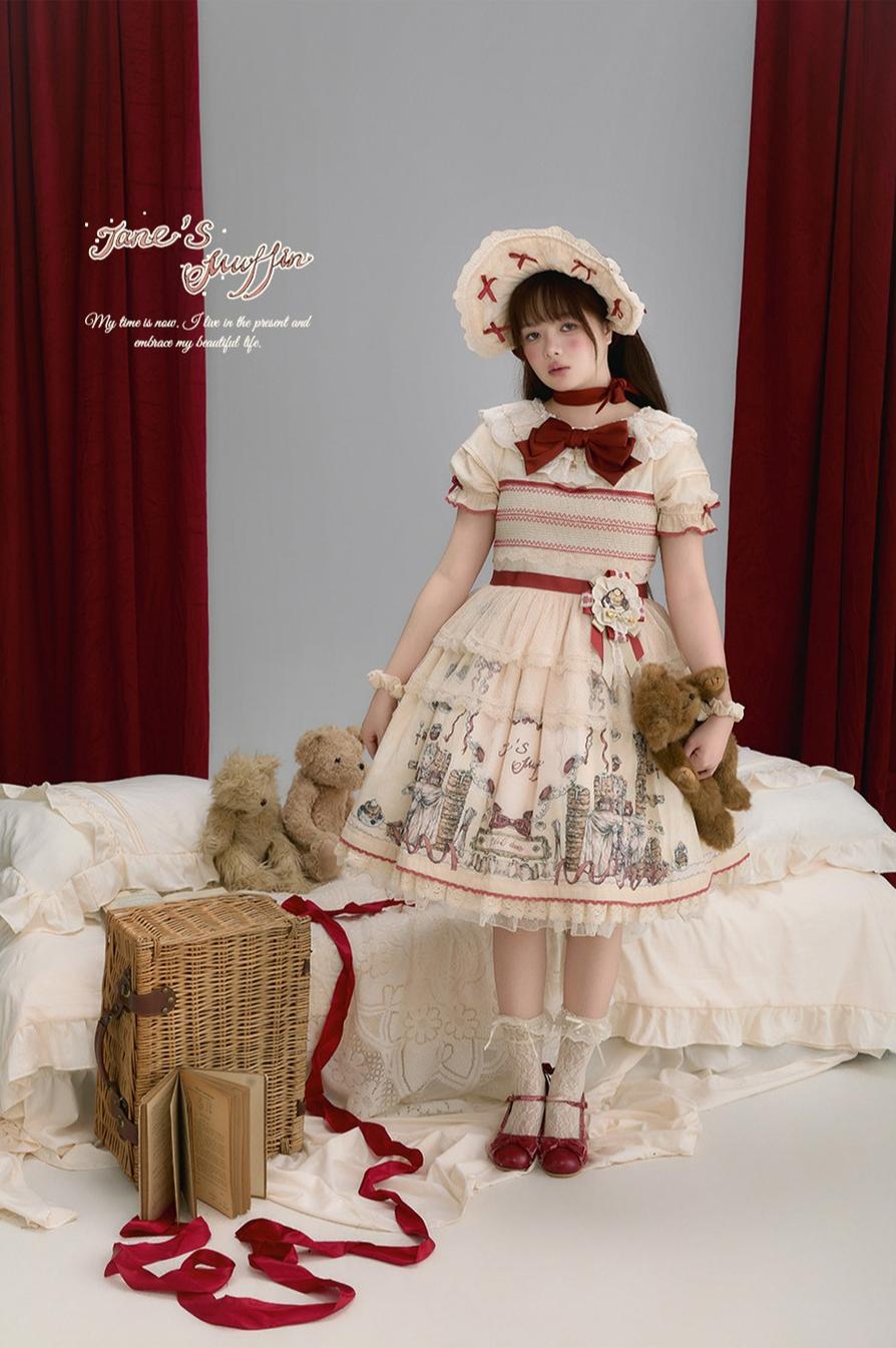 Pancake Postman - Kawaii Lolita Printed OP & Salopette Dress, Lace & Bows 45174:838696