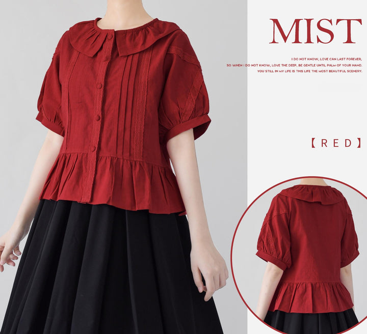 MIST~Spring Retro~Cotton Kawaii Lolita Shirt with Ruffled Neck and Lace Detail (L M S XL) 42777:753216