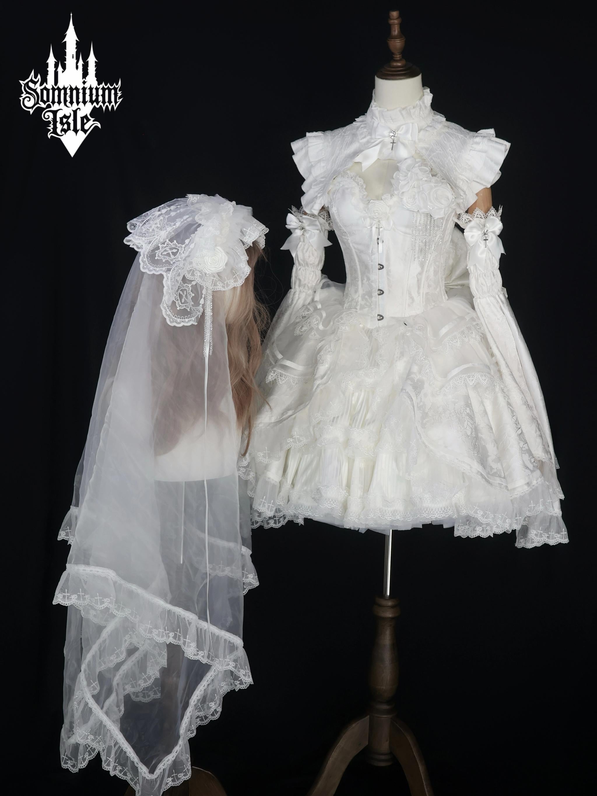 Dawn Sacrament - Striped Jacquard Gothic Lolita SK Dress, Boning Bodice White 8-Piece Full Set - Short XS