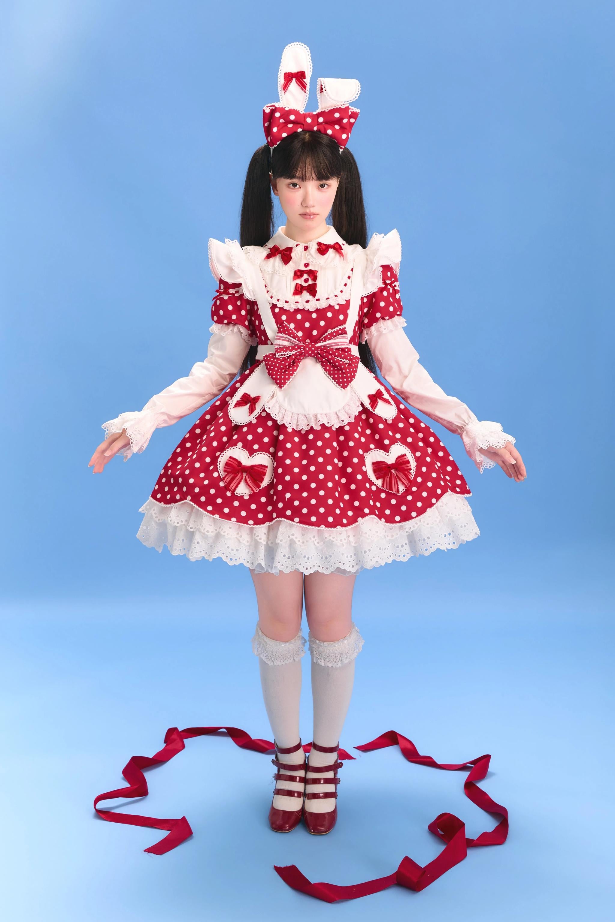 Bunny Kissaten - Four Colors Old School Lolita Polka Dot OP, Bunny Ear Apron 45824:864351
