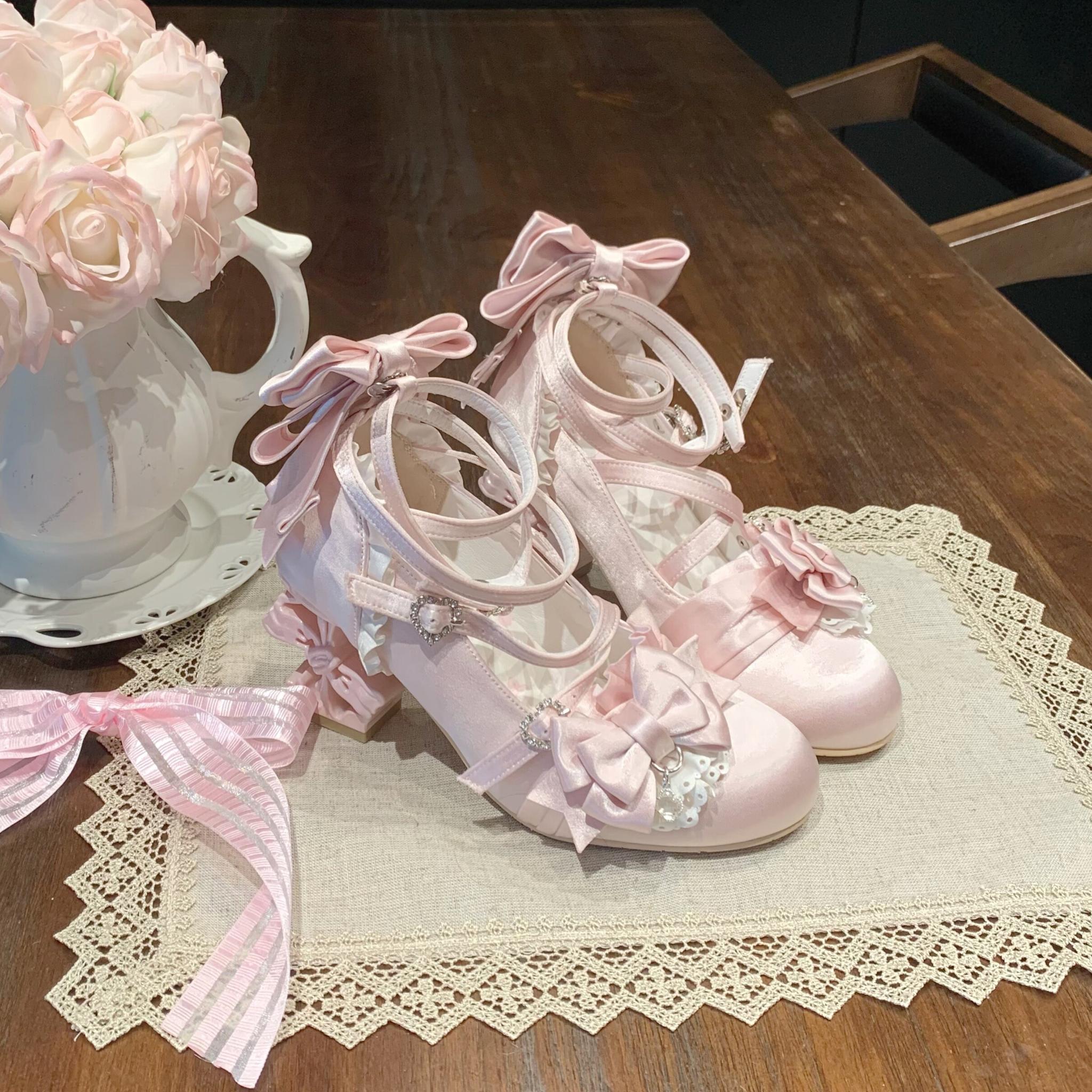 Thousand Knots - Classic Lolita Satin Heels Shoes, Bow-shaped Heel Pink 34