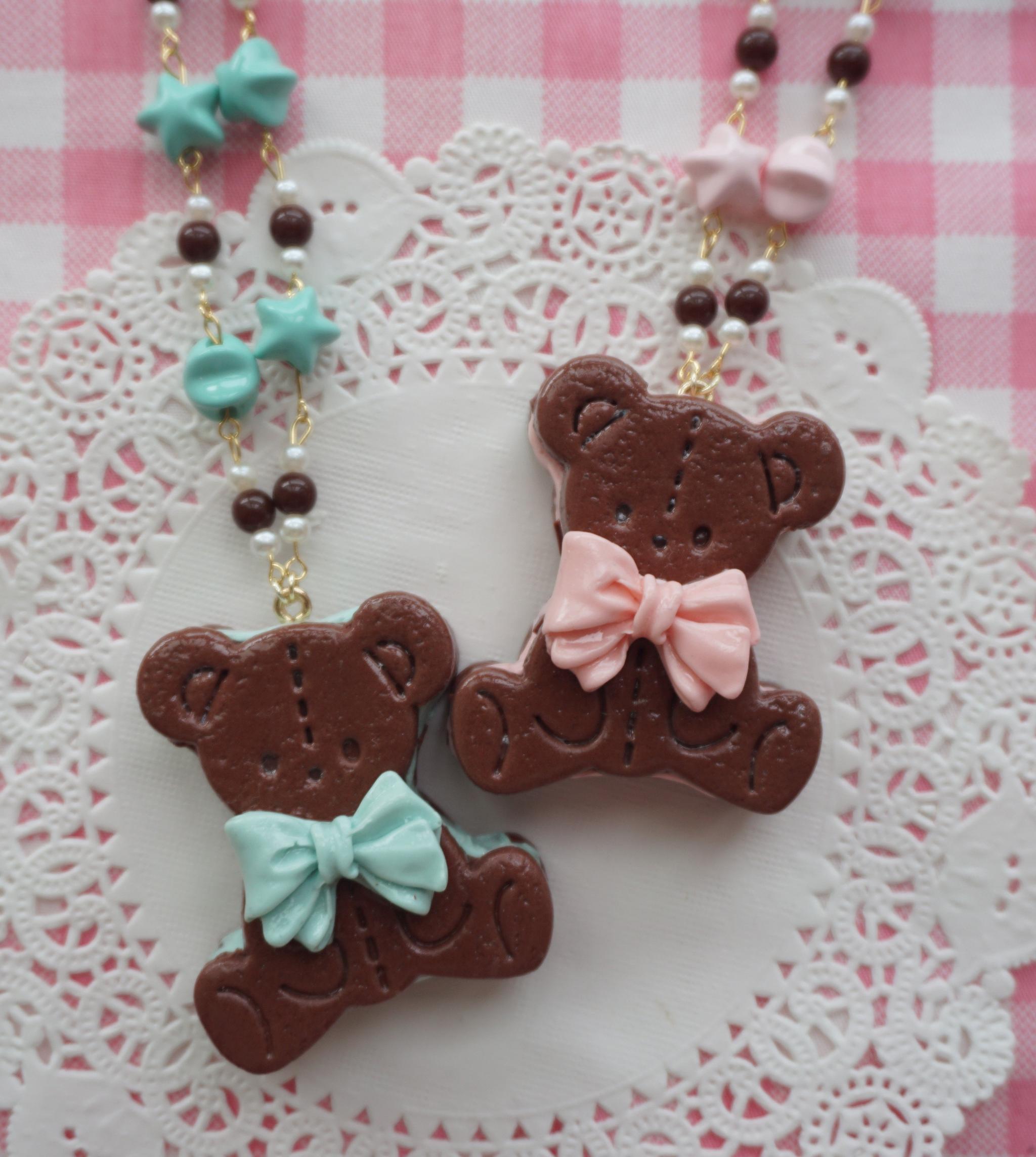 Bear Cookie - Kawaii Lolita Clay Necklace, Bear Cookies Pandent