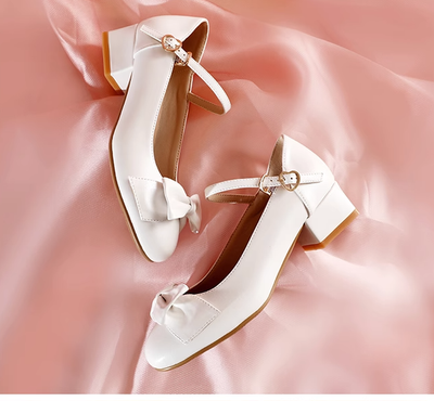 Mumu~Little Heart~Sweet Lolita Mid-Heeled Bows Shoes Multicolors 35 white 