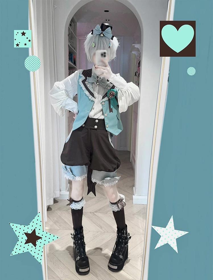 Candy Shop - Mint-chocolate Ouji Lolita Vest, Blouse and Shorts Outfit 45771:861887