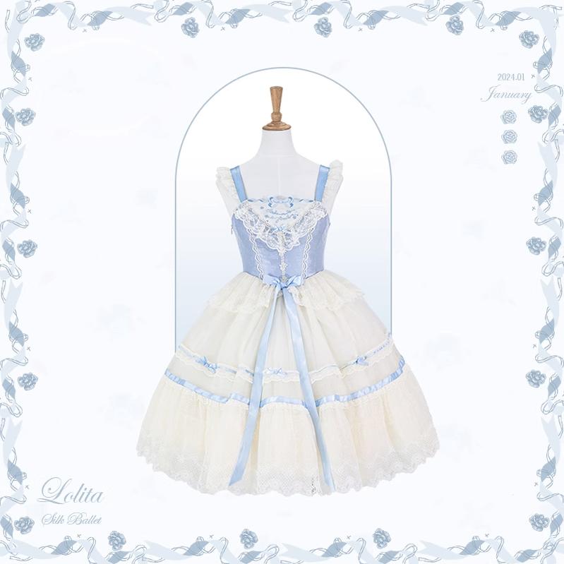 Flower and Pearl Box~Silk Ballet~Wedding Lolita JSK Dress Princess Bridal Dress XS Medium JSK (Blue) 