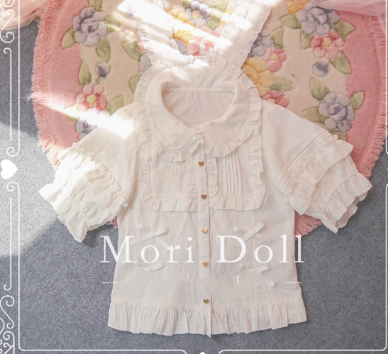 Mori Doll~Kawaii Lolita Rabbit Ears Short Sleeve Shirt Multicolors S white 