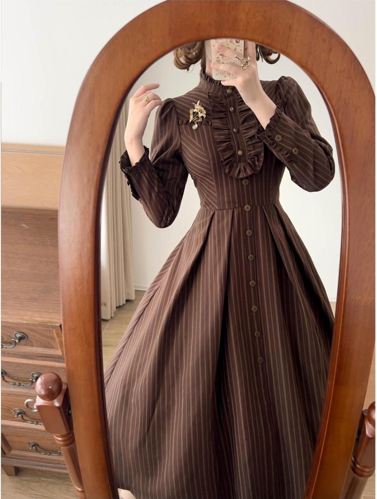 Forest Castle - Classic Lolita Long Striped Dress, Irregular Hem Vest 44441:809883