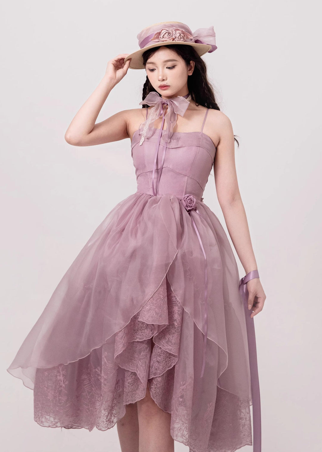 ZJstory~Sonnet Summer~Sweet Lolita Dress Set Embroidery Shirt Tiered Jumper Dress Purple - JSK Only S