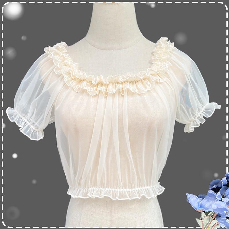 ZhiJinYuan~Daily Lolita Shirt Short Sleeve Sheer Mesh Off-Shoulder Blouse 43342:773558